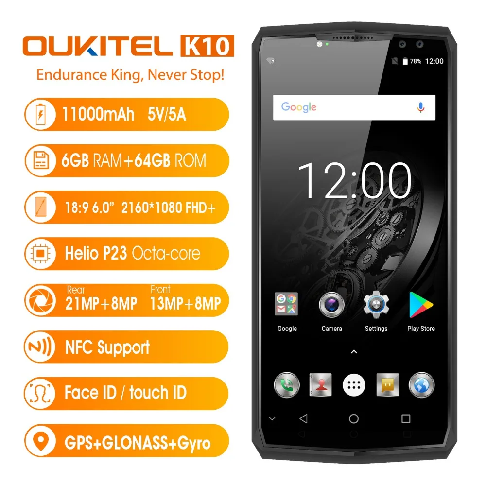 OUKITEL K10 4G Smart Phone 6.0 inch Android 7.0 Octa Core 6GB 64GB 11000mAh Quad 4 Cameras Fingerprint NFC Face ID Cellphone