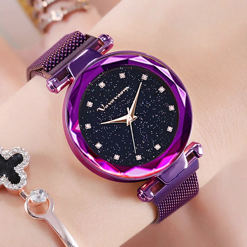 

Luxury Brand Purple Women Watches Fashion Diamond Ladies Magnet Watch Starry Sky Waterproof Clock relogio feminino zegarek damsk
