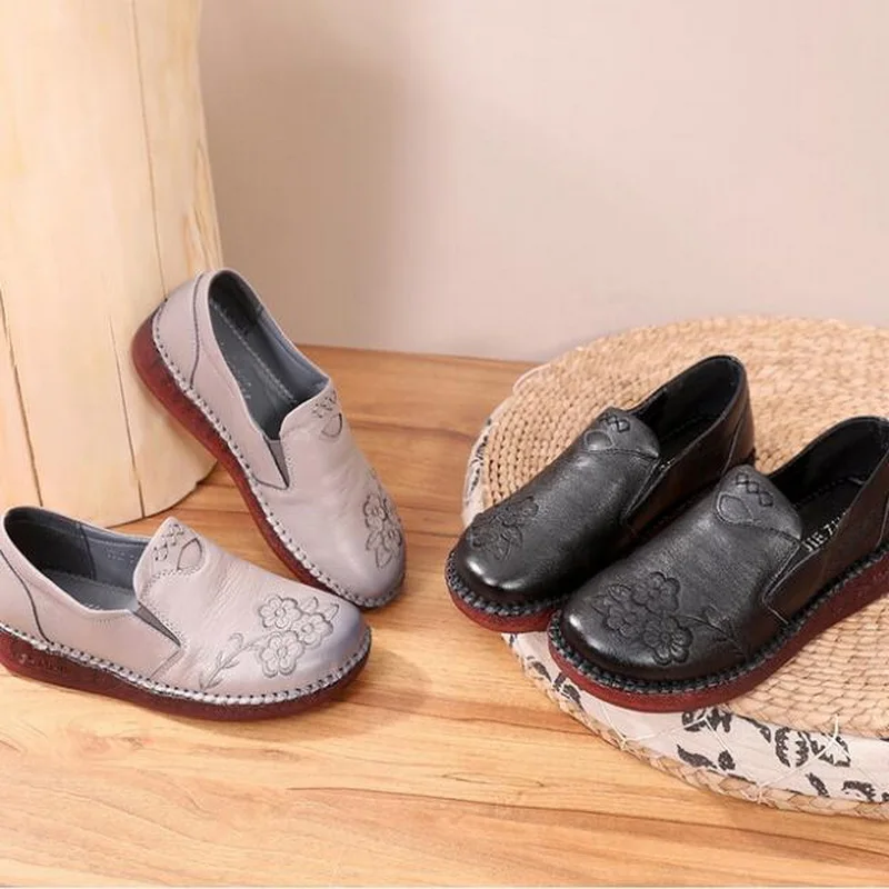 

2019 Spring Women Loafers hand-sewn stitching Flat Shoes Woman Summer Flats comfortable Soft Genuine Leather Platform Shoes