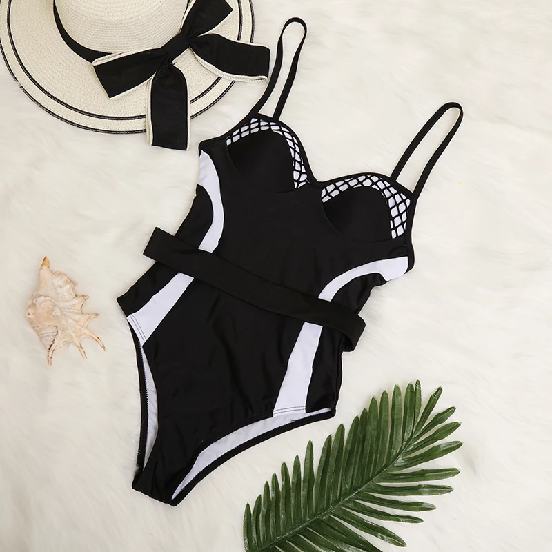 

Push Up Bandeau Swimwear Women String one-piece Swimsuit Sexy Mesh Bikinis 2019 mujer black white patchwork Bathing suit M L XL