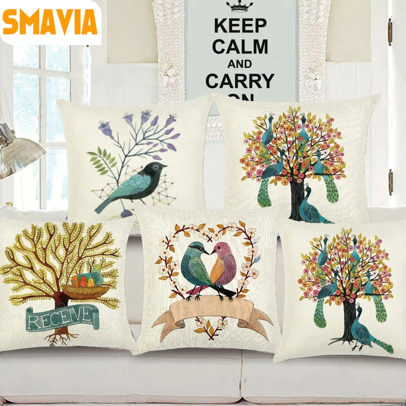 SMAVIA New Design Cushion cover Tree Bird Printed 100 Polyester Pillowcase Throw Chair Sofa Car