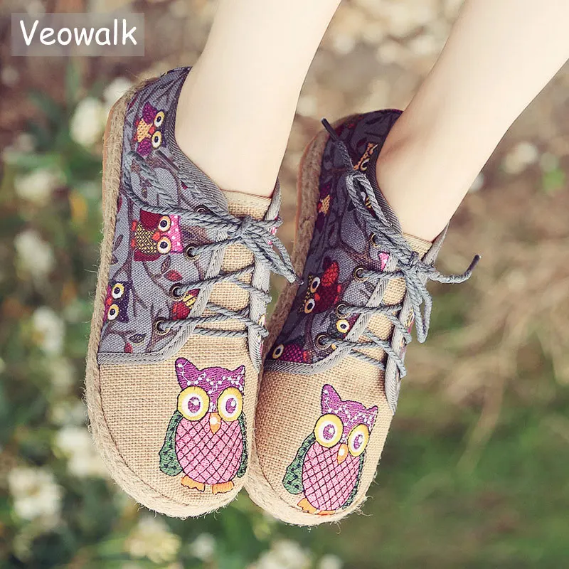 Online Veowalk zapatos de mujer Vintage de algodón tailandés de lino lona búho tela bordada planos nacionales individuales tejido punta redonda zapatos de cordones