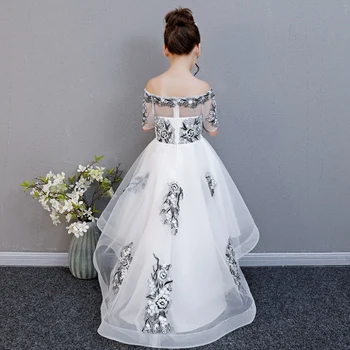 

2018 New Children Kids Luxury Shoulderless Embroidery Flowers Lace Ball Gown Birthday Tail dress Babies Host Piano Pageant Dress
