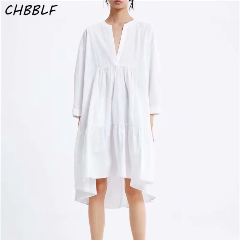 

CHBBLF women white V neck dress long sleeve pleated dress elegant female casual wear dresses CDC9079