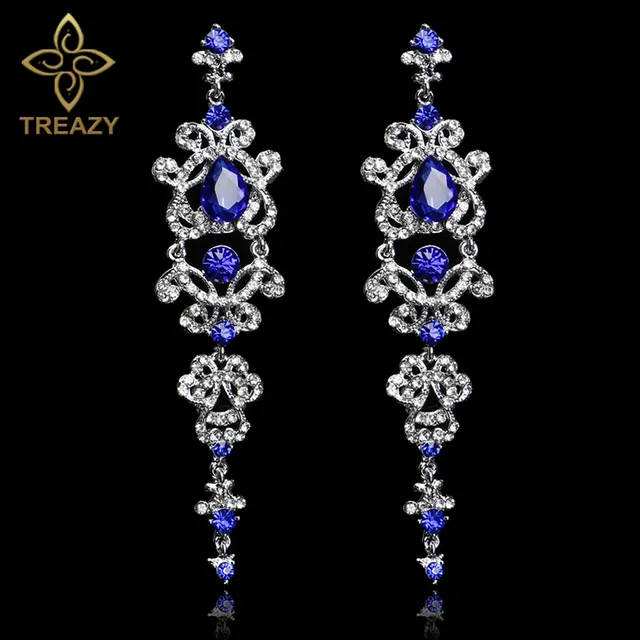 Treazy Gorgeous Royal Blue Crystal Bridal Long Drop Earrings Silver Treazy Gorgeous Royal Blue Crystal Bridal Long Drop Earrings Silver Plated Chandelier For Women Wedding