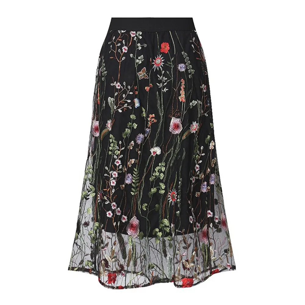 

2018 Bohemian Elegant Sweet OL Plus Size 5XL Women Skirts A-Line Lace Floral Mesh Embroidery Girl School Cute Black Female Skirt