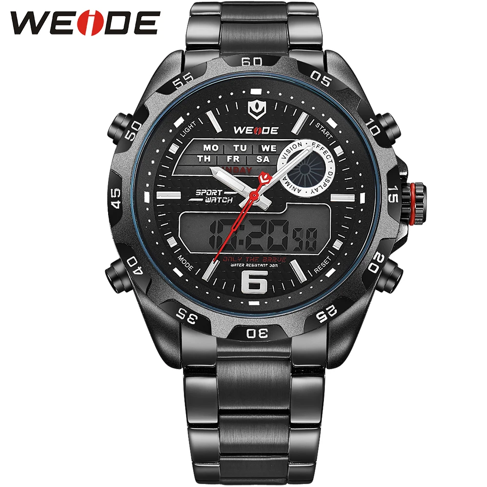 

WEIDE Men Military Watch Stainless Steel Band Back Light Stopwatch Date Multiple Time Zone Sport Watches Analog Digital Repeater