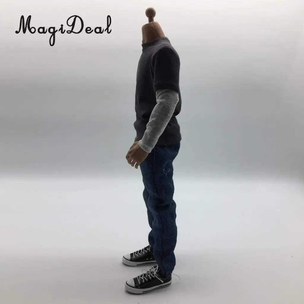 MagiDeal Cloth 1/6 Scale Mens Clothes Dark Gray Long T-shirt Denim Jeans Canvas Shoes Set for 12 Inch Male Action Figures Body