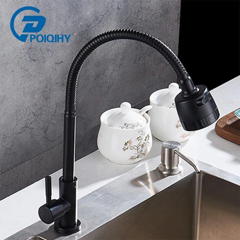 

Sitting type single cold black faucet Revolving kitchen washbasin cold water faucet Single hole Cardan tube