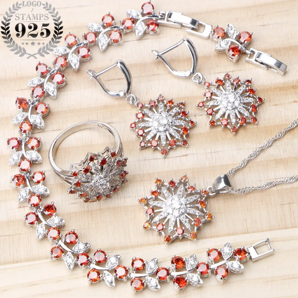 

Women 925 Sterling Silver Bridal Jewelry Sets Earrings Wedding Jewelry Red Cubic Zircon Bracelet Ring Pendant Necklace Set