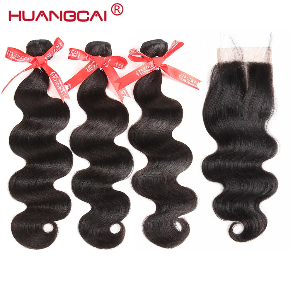 Huangcai 100% Brazilian Body Wave Human Hair 3 Bundles With Closure Middle Part 4 Pcs Natural Hair Weaves Extensions Non Remy body-wave