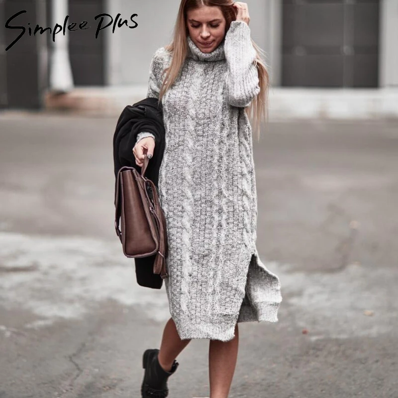 Goedkoop Simplee Plus Winter Vrouwen Warme Trui Jurken Plus Size Zachte Lange Mouwen Split Side Casual Jurk Coltrui Lange Gebreide Jurk
