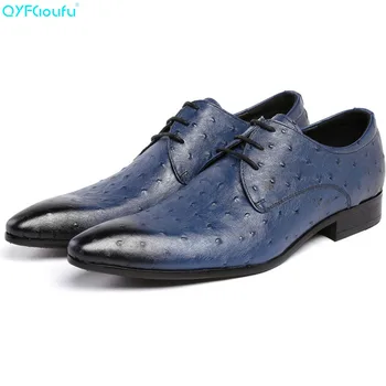 

QYFCIOUFU Luxury Brand Man Pointed Toe Dress Shoes Mens Genuine Leather Blue Wedding Shoes Oxford Ostrich Pattern Formal Shoes