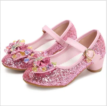 

Dance Girls Shoes Cute Dream Cartoon Princess Shoes Sequins Pink Children's High Heels Leather Soles Fashion Kids Large Size