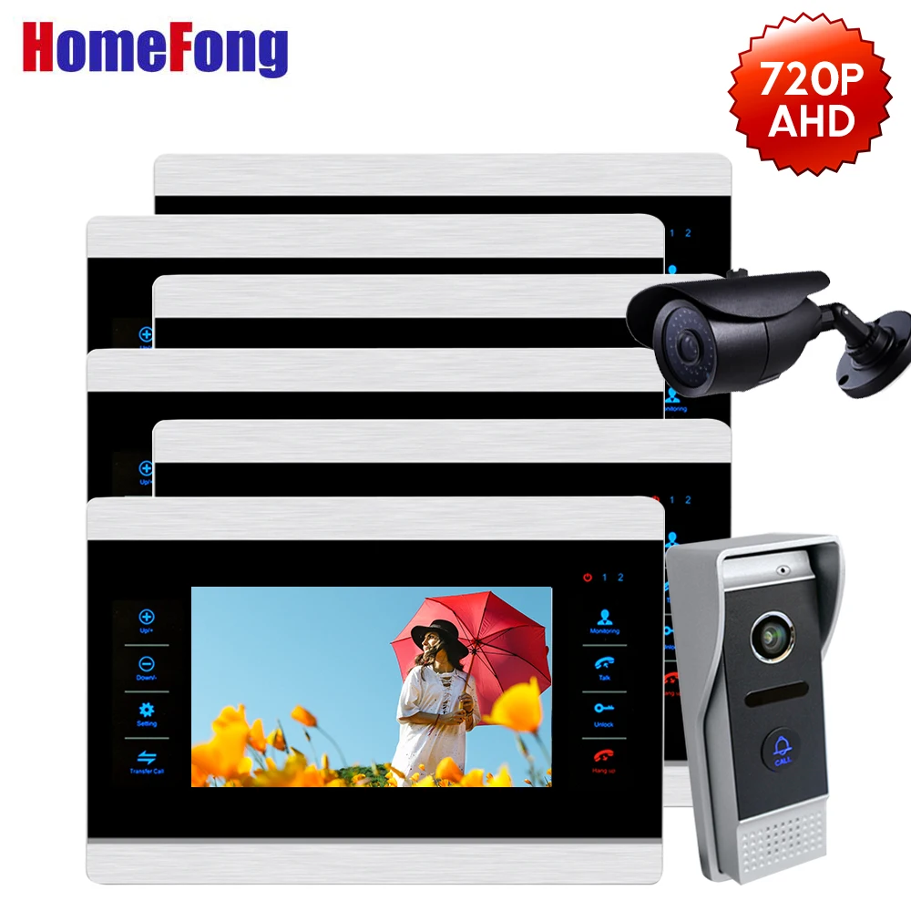 Homefong 7 Inch AHD 720P Video Doorbell Video Intercom Kit for a Private House 6 Monitors 1 Outdoor Panel 1 CCTV Camera Record