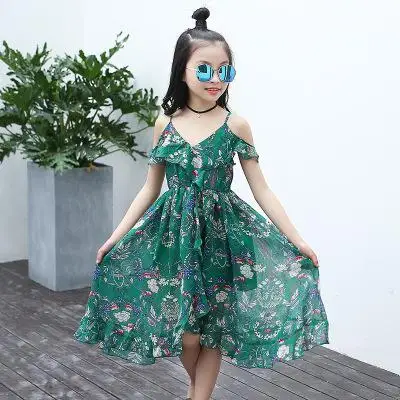Для девочек летнее платье пляжное в богемном стиле с цветочным принтом Детские платья для девочек-подростков Детские вечерние платья для девочек с проектом Костюмы 4 от 10 до 12 лет - Цвет: green
