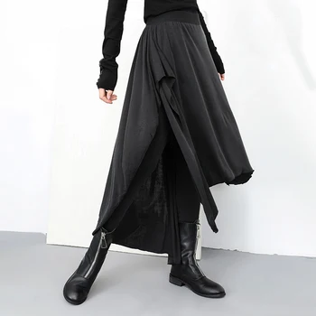 

Johnature Elastic Waist False Two Pieces Pantskirt 2020 New Spring Women Clothing Plus Size Black Irregular Female Pants