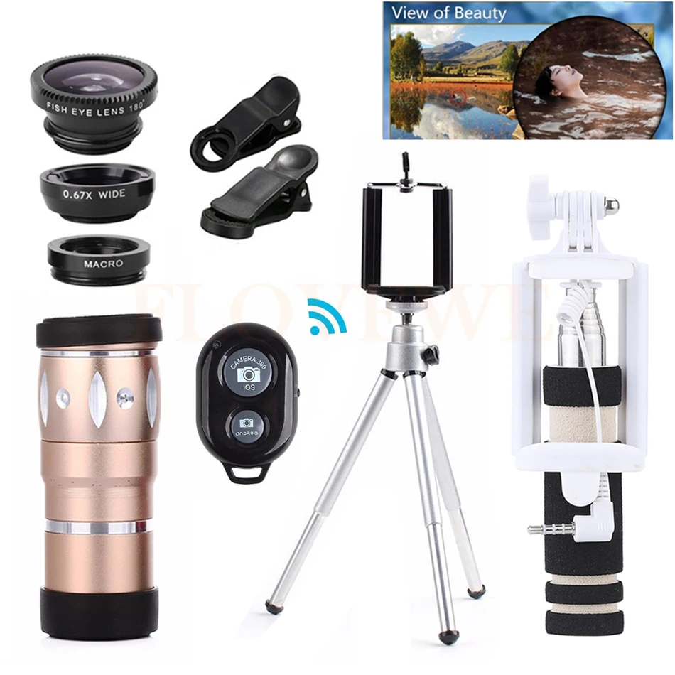 Phone Lens Kit 10X Zoom Telephoto Lenses Telescope+Tripod+Fisheye Wide