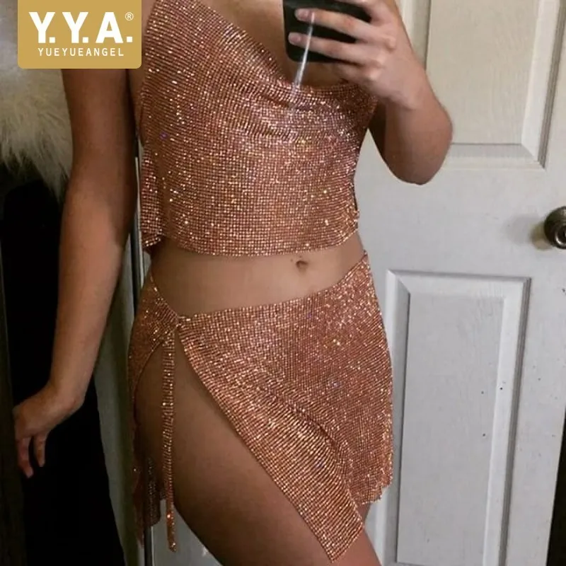 

Euro Women Sequined Cropped Top Deep V Neck Backless 2Pcs Outfits Night Club Sexy Female Tanks And Split Skirt Metal Skirt Sets