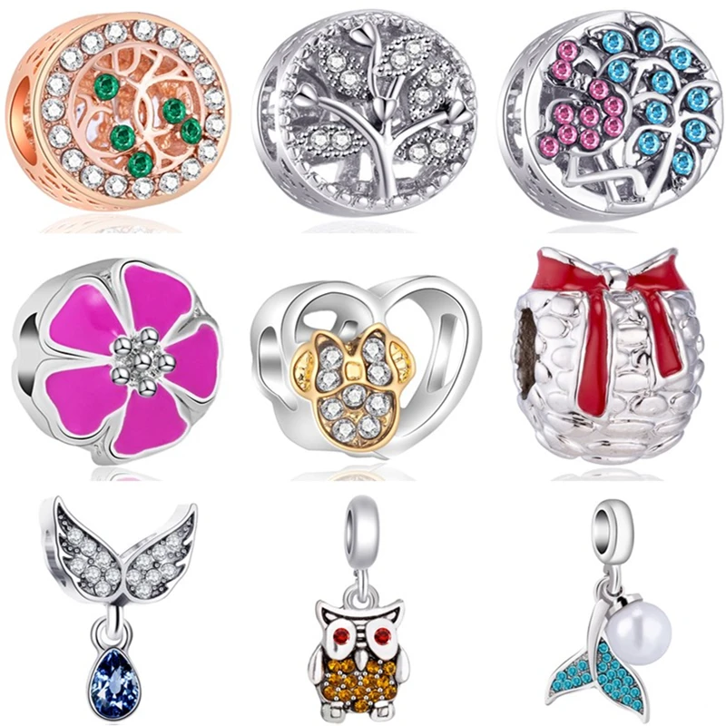 

Btuamb New Arrival Crystal Tree Crown Owl Wing Fish Tail Apple Elephant Fit Original Pandora Charms Bead for Women DIY Jewelry