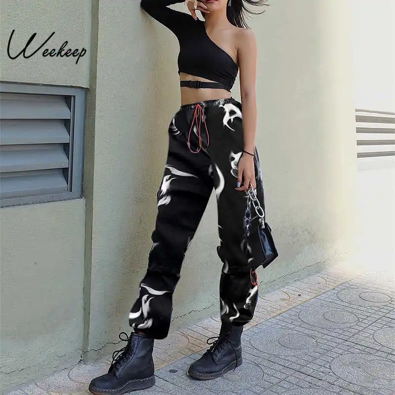 

Weekeep Black High Waist Printed Pants Women Streetwear Patchwork Pencil Pants Women 2019 Trousers Women Bottom