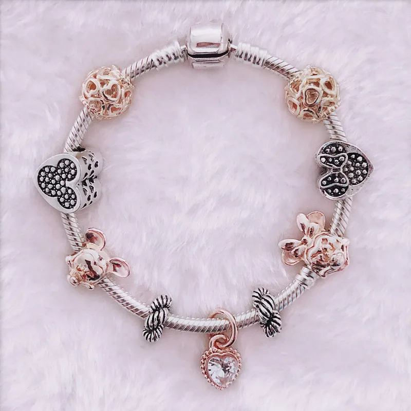 

For Girl Gift Animal Mickey Charm Bracelets & Bangles Women Jewelry Minnie Pink Bow-Knot Pendant Brand Bracelet DIY Handmade
