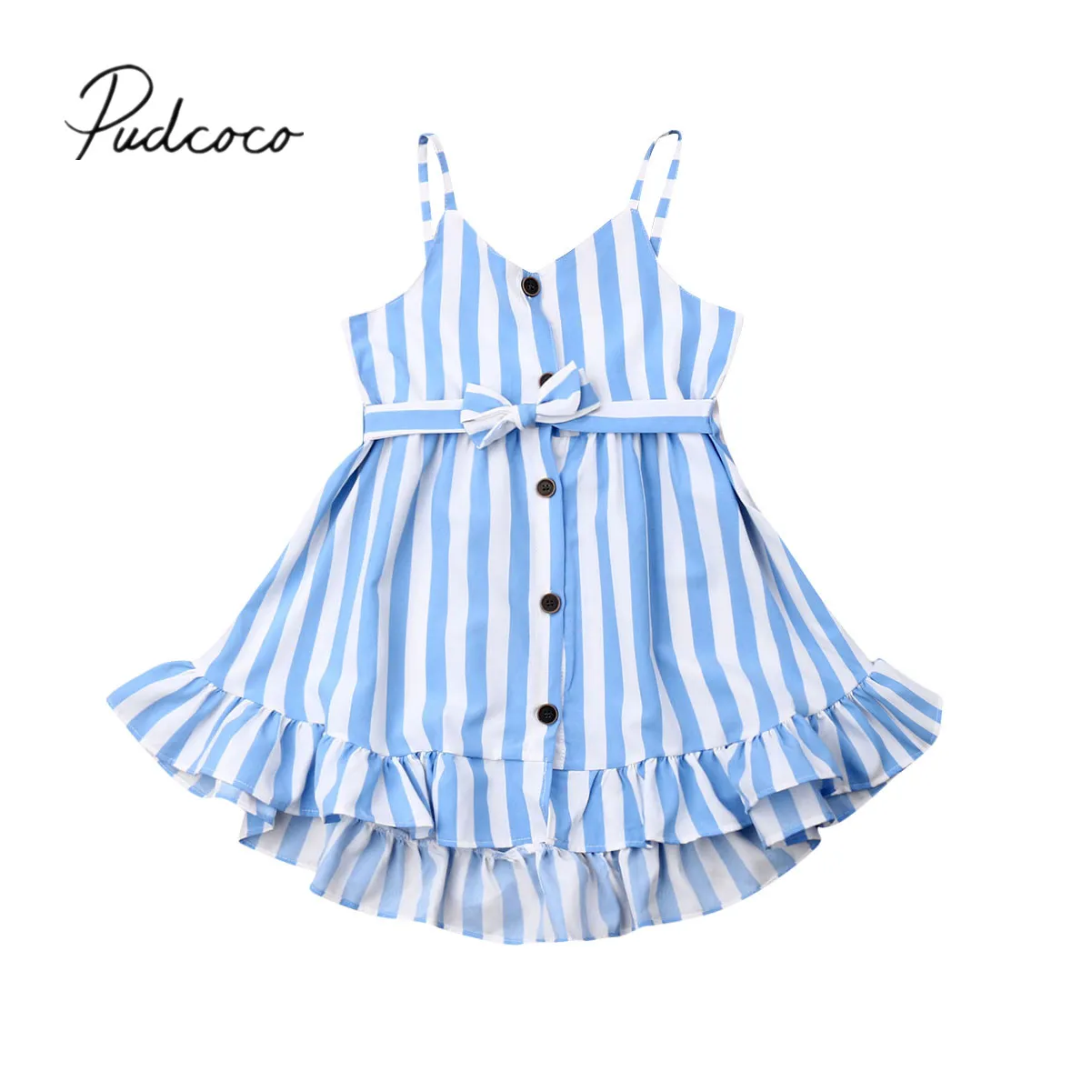 Baby Summer Clothing Toddler Kid Baby Girl Stripe Dress Sleeveless Button Mini Dress Casual Sash Clothes Set 2-7T