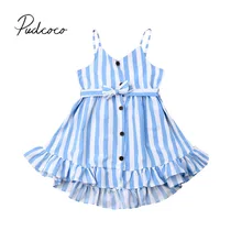 Baby Summer Clothing Toddler Kid Baby Girl Stripe Dress Sleeveless Button Mini Dress Casual Sash Clothes Set 2-7T