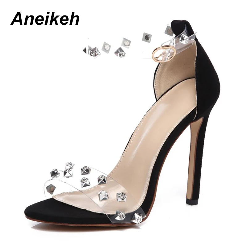 

Aneikeh 2018 New Summer Roman Transparent Rivet Women Shoes Sexy High Heels Fashion Solid Color Peep Toe Party Woman Sandals