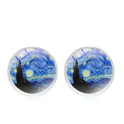 

Van Gogh Painting Stud Earrings The Starry Night Ear Studs Van Gogh Sunflowers Round Jewelry Glass Dome Earrings