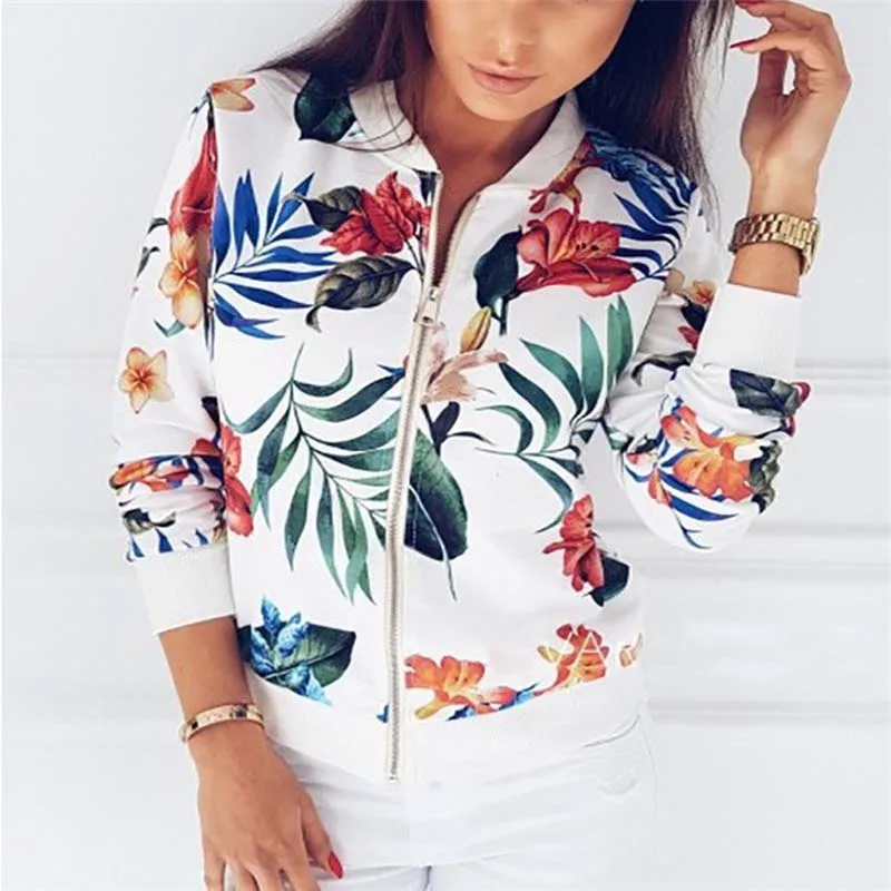 Fashion Autumn Women Floral Prints Jacket Coat XXL Flower Coats Zipper Long Sleeve Jacket Outwear Casual Tops White Blue New