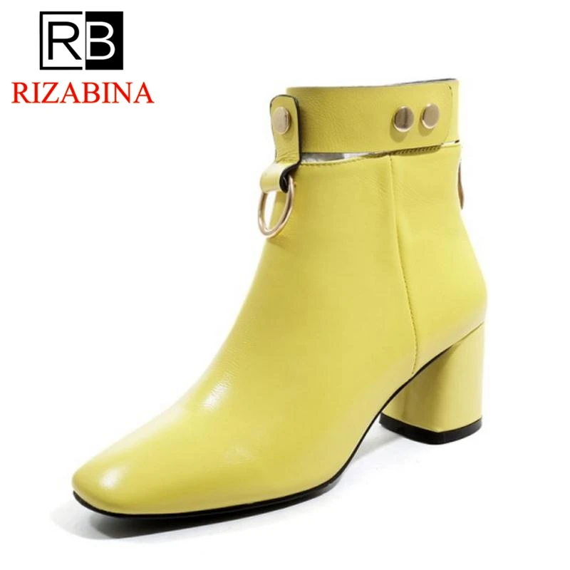 

RIZABINA New Women High Heel Boots Real Leather Ankle Boots Woman Winter Shoes Fashion Rivets Ladies Footwear Size 34-42
