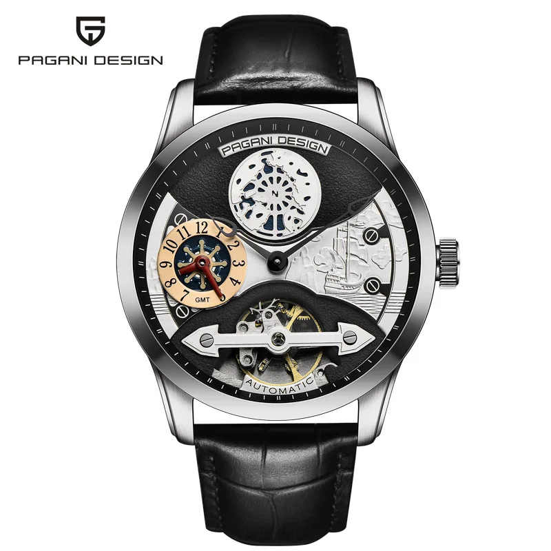 PAGANI Дизайн турбийон автоматические механические часы мужские кожаные часы Скелет Мужские часы Роскошные спортивные деловые наручные часы - Цвет: leather black
