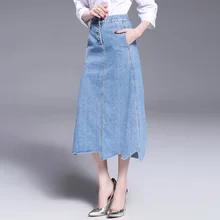 Модный светильник, синяя джинсовая юбка, асметричный подол с карманами, летние длинные юбки для женщин, Falda Saia, джинсы, jupe en jean femme