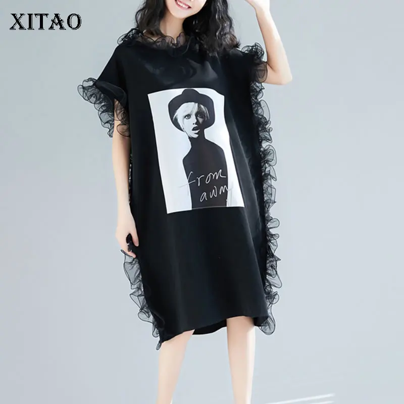 

[XITAO] 2019 New Arrival Spring Women Fashion Summer Europe Casual Loose Short Sleeve Ruffles O-neck Knee-length Dress WBB2921