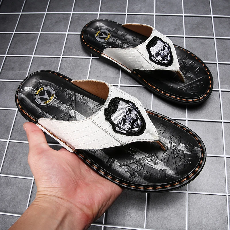 Summer New Trendy Men Genuine Leather Flip Flops High Quality Non-slide Male Slippers Outdoor Casual Shoes for Mens