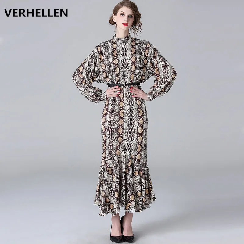 

VERHELLEN High Quality Fashion Designer Runway Dress 2019 Autumn Women's Long Sleeve Stand Collar Sexy Mermaid Party Long Dress