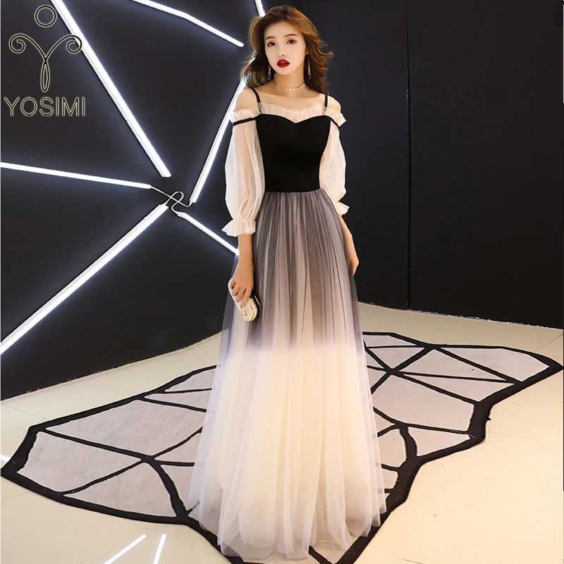 YOSIMI вечернее платье, летнее сексуальное платье с вырезом лодочкой, женское Элегантное макси длинное благородное тонкое Сетчатое ТРАПЕЦИЕВИДНОЕ женское Клубное платье - Цвет: Черный