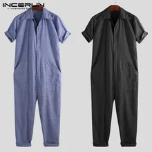 INCERUN модный мужской Одноцветный тонкий свободный Джинсовый комплект Ретро хип хоп рабочие повседневные с отворотом шеи Мужская Рабочая одежда джоггеры
