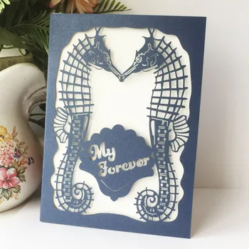 

50pcs/lot Sea Theme Laser Cut Wedding Invitations Seahorse Pattern Wedding Card Greeting Gift Card