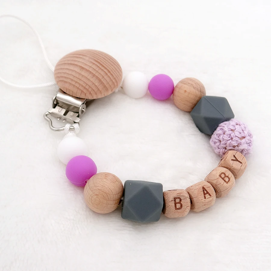 Personalized Handmade Wooden Dummy Clip Chain Silicone Pacifier Baby Gift Eco 