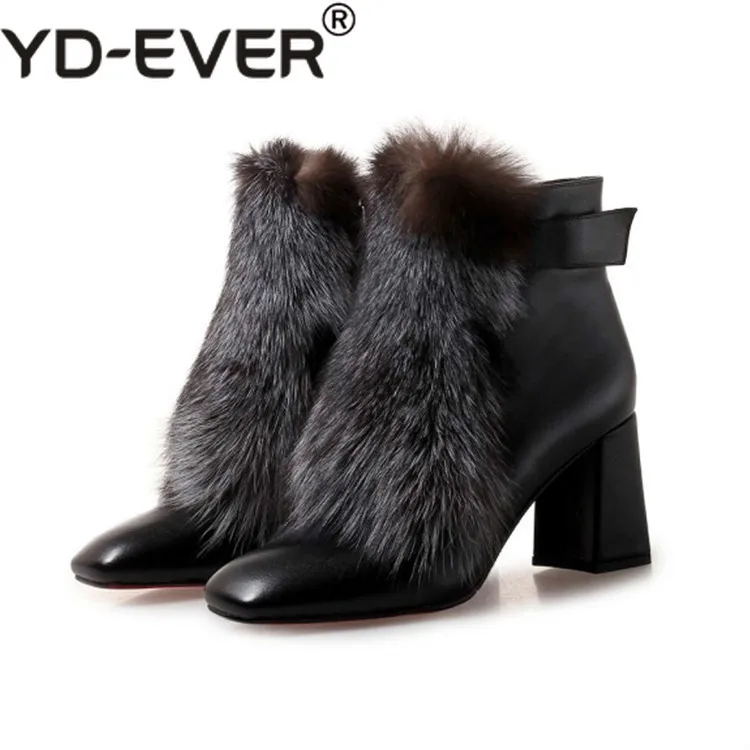

YD-EVER 2019 women ankle boots cow leather zippers fox hair square toe high heels boots winter short plush warm boots
