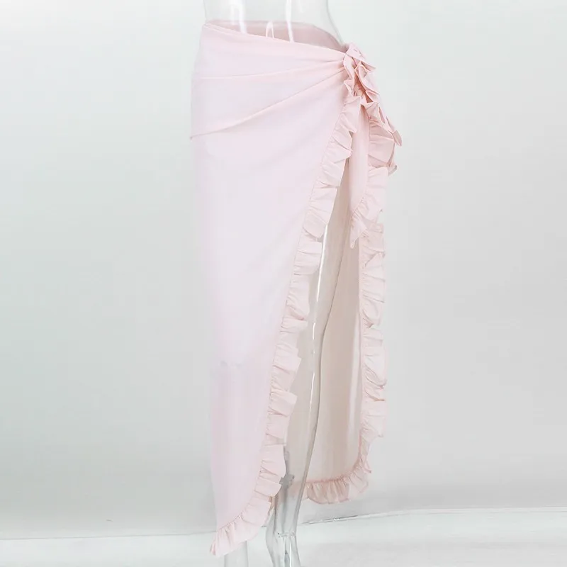 PFFLOOK длинная юбка с оборками и высокой талией Женская однотонная сетчатая летняя пляжная юбка макси модная Сексуальная Асимметричная юбка - Цвет: Pnik
