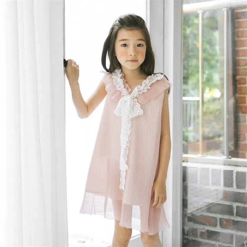 

Pink lace patchwork party summer dress children's sleeveless knee long princess dress baby big girl clothes 8 10 12 Y