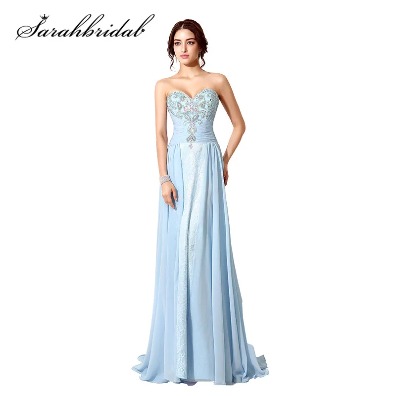 

Vintage Sweetheart Evening Dresses 2019 Sky Blue Crystal Sequined Beading Pleat A-Line In Stock Prom Party Gowns SD194