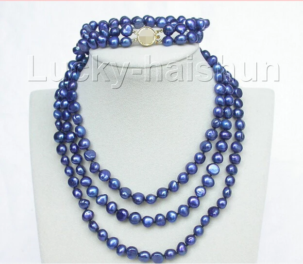 

RFWE53 E4 shipping length 49" 8" 8-9mm baroque navy blue pearls necklace 2row bracelet set j8461 hot