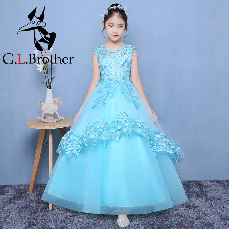 

Appliques Flower Girl Dresses Ball Gown Girls Formal Dress Floor Length Kids Pageant Dress For Prom Party Birthday Costume B43