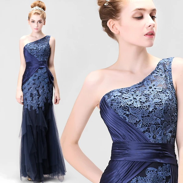 

one shoulder blue lace appliques Evening Dress new design beading long prom gowns 2015 vestido de festa longo robe de soiree