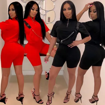 

Sexy Casual Outfits Tracksuit Women Patchwork Zip Short Top Knee Length Pants Solid Two Piece Set