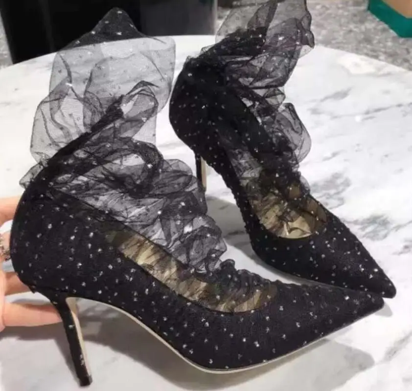 Stylesowner Новое поступление удивительные женские сапоги сандалии острый носок тонкий каблук bling сетчатые кружева с блестками Свадебная обувь для вечеринок